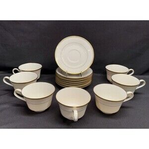 Set Of 7 Vintage Noritake Ivory China Linton Tea Cups And Saucers White & Gold